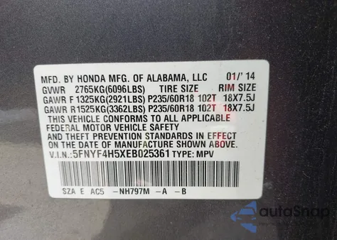 2014 Honda Pilot Ex-L z USA, uszkodzony, nr VIN 5FNYF4H5XEB025361